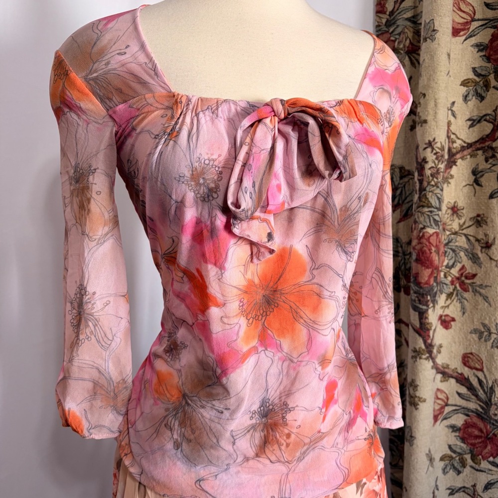 Daisy & Clover Adorable Pink Floral Mesh Top Long Sleeve Ruched Bow Square Neck
